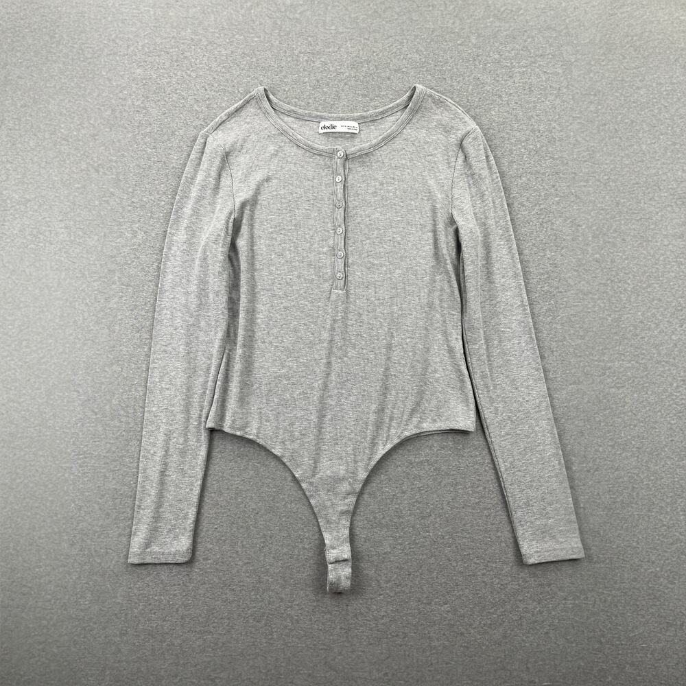 Elodie Ribbed Henley Bodysuit Size XL Heather Gray Long Sleeve Button Front Soft